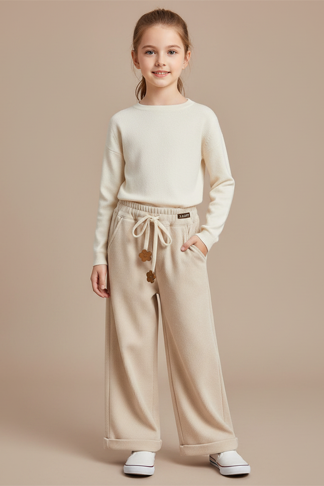 Pantalon Chinois Beige Côtelé Ample Élastiqué Fille - Cordé