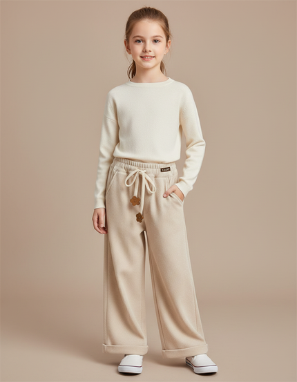 Pantalon Chinois Beige Côtelé Ample Élastiqué Fille - Cordé