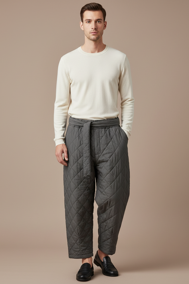 Pantalon Chinois Gris Matelassé Large Cordon Hiver Homme - Polyester