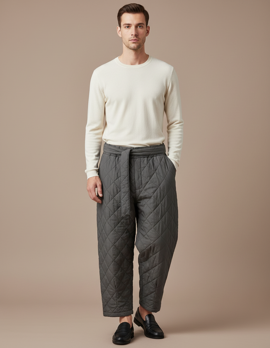 Pantalon Chinois Gris Matelassé Large Cordon Hiver Homme - Polyester