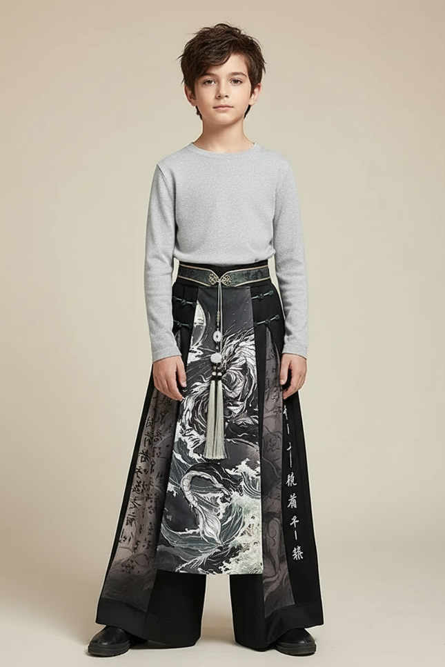 Pantalon Chinois Noir Imprimé Dragon Élégant Hanfu - Polyester