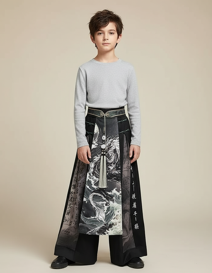 Pantalon Chinois Noir Imprimé Dragon Élégant Hanfu - Polyester