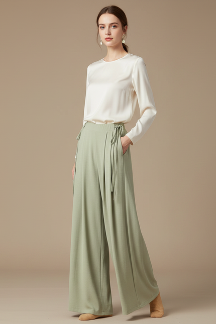 Pantalon Chinois Vert Ample Fluide Élégant Femme - Viscose