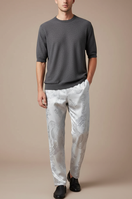 Pantalon Chinois Satin Blanc Dragon Ample Homme