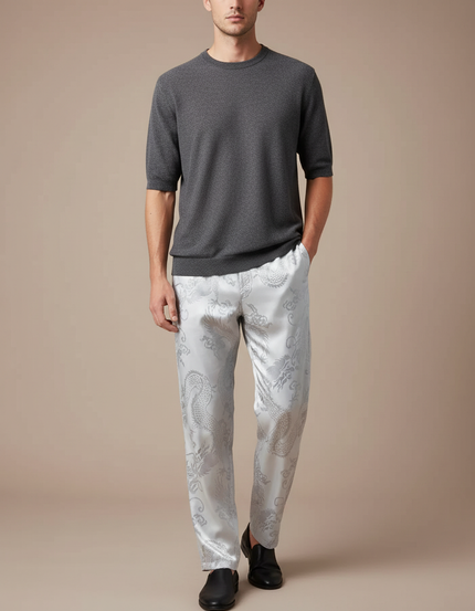 Pantalon Chinois Satin Blanc Dragon Ample Homme