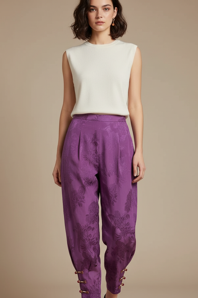 Pantalon Chinois Violet Jacquard Harem Élégant Femme - Satin