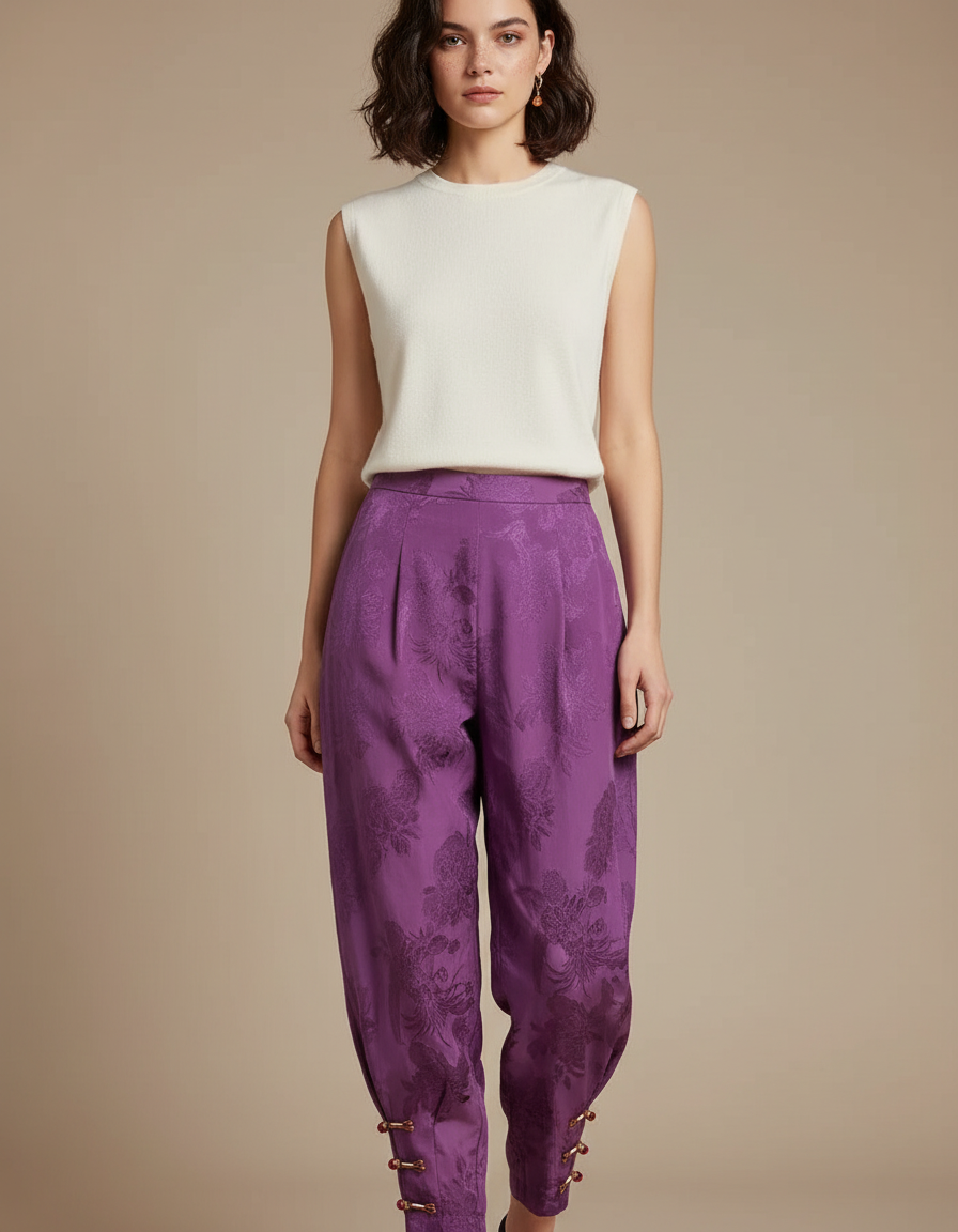 Pantalon Chinois Violet Jacquard Harem Élégant Femme - Satin