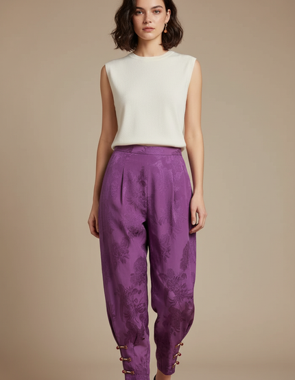 Pantalon Chinois Violet Jacquard Harem Élégant Femme - Satin