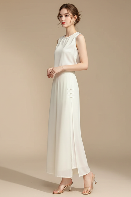 Pantalon Chinois Fluide Écru Fendu Élégant Chiffon - Blanc Polyester