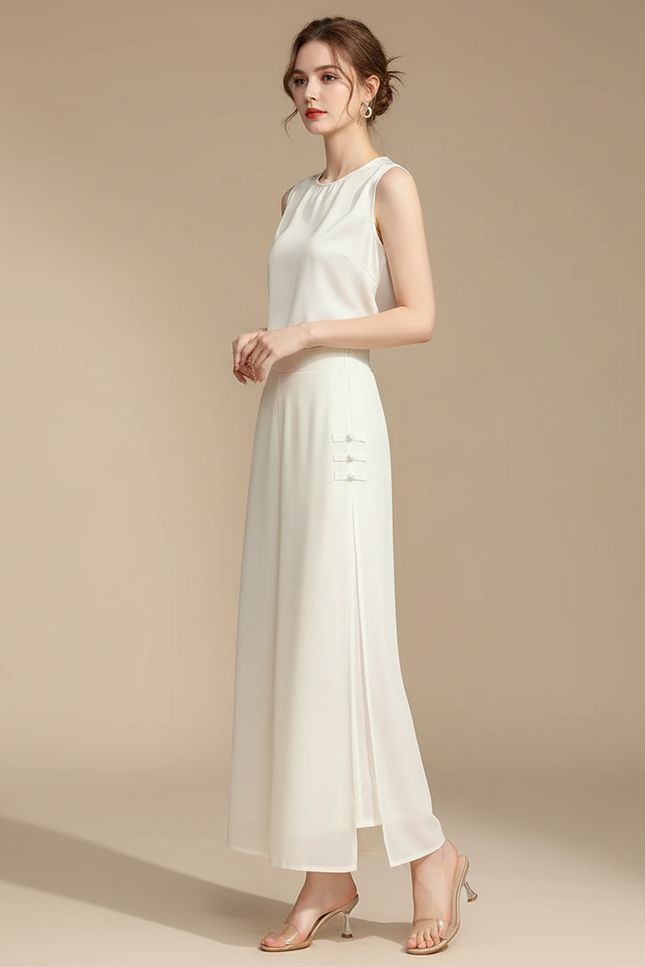 Pantalon Chinois Fluide Écru Fendu Élégant Chiffon - Blanc Polyester