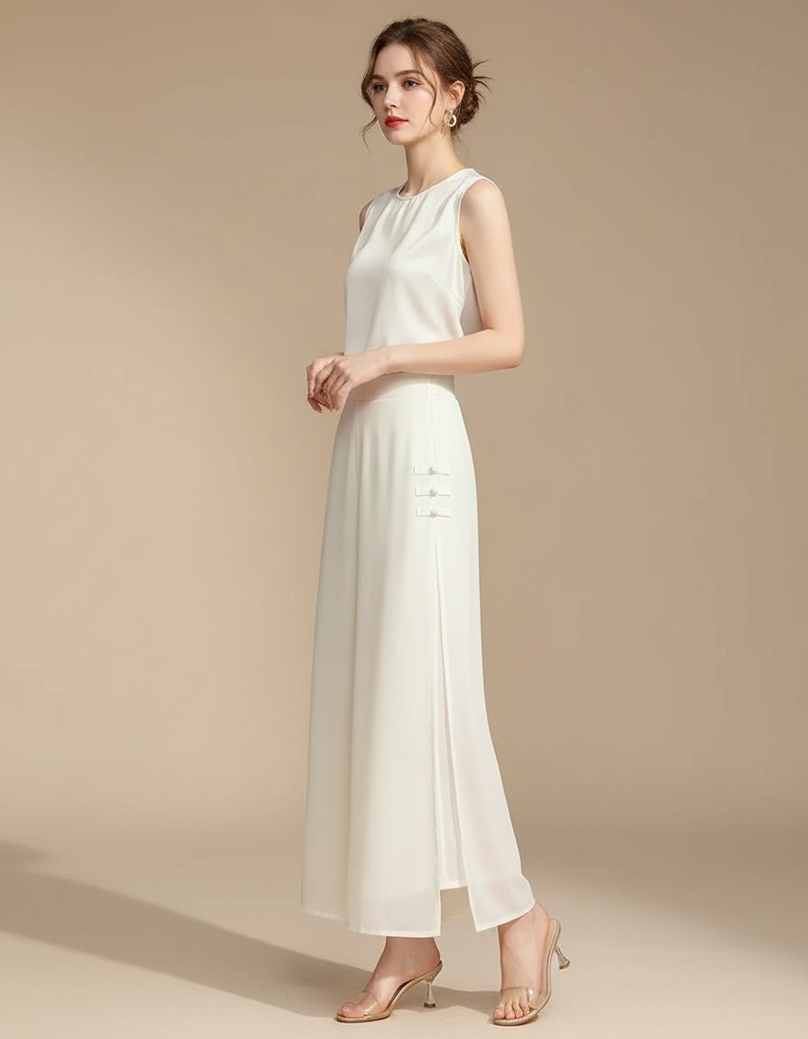 Pantalon Chinois Fluide Écru Fendu Élégant Chiffon - Blanc Polyester
