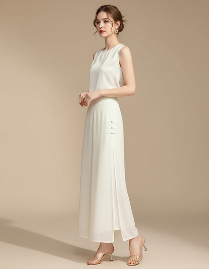 Pantalon Chinois Fluide Écru Fendu Élégant Chiffon - Blanc Polyester