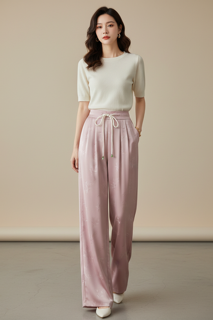 Pantalon Chinois Rose Satiné Jacquard Ample Décontracté Fluide