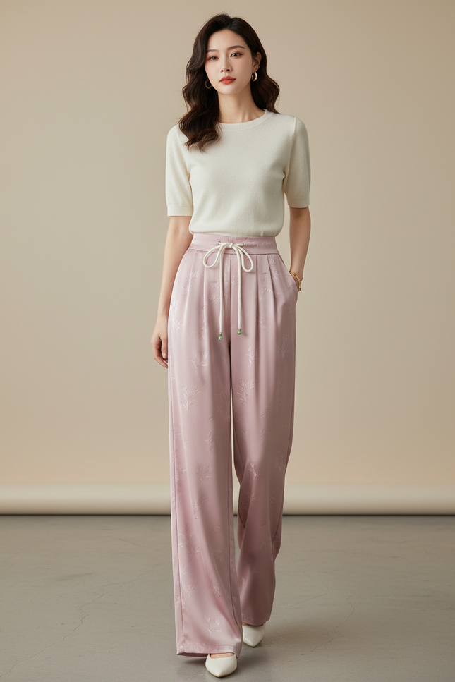 Pantalon Chinois Rose Satiné Jacquard Ample Décontracté Fluide