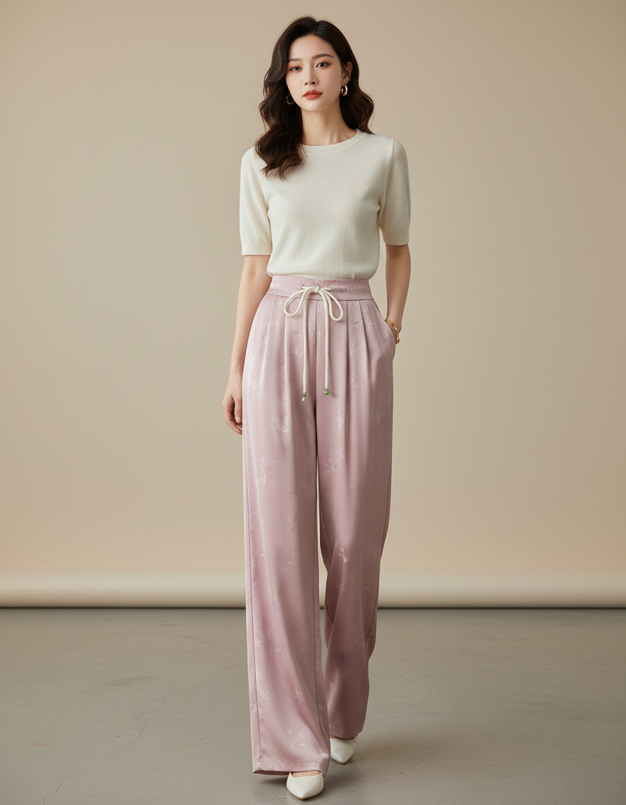 Pantalon Chinois Rose Satiné Jacquard Ample Décontracté Fluide