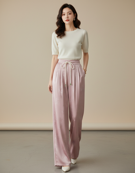 Pantalon Chinois Rose Satiné Jacquard Ample Décontracté Fluide