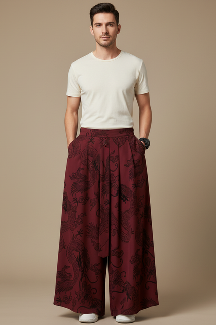 Pantalon Chinois Bordeaux Ample Dragon Jacquard Homme - Viscose