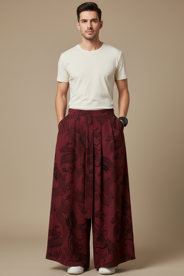 Pantalon Chinois Bordeaux Ample Dragon Jacquard Homme - Viscose