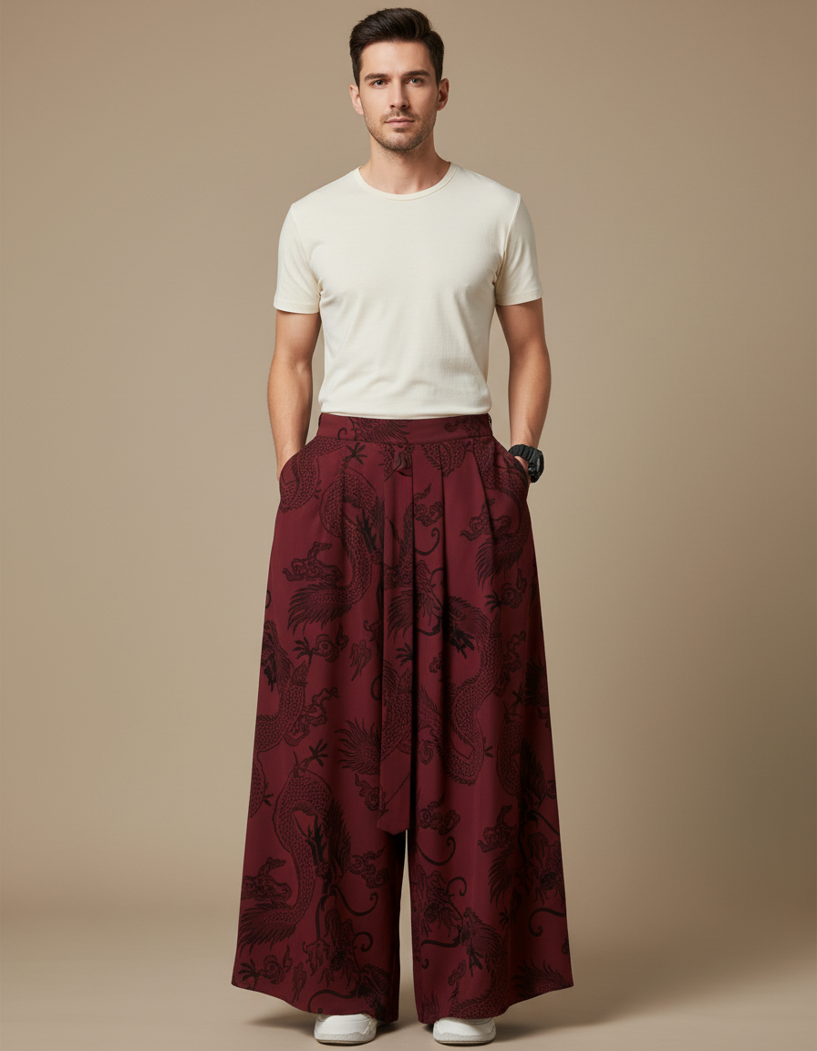 Pantalon Chinois Bordeaux Ample Dragon Jacquard Homme - Viscose