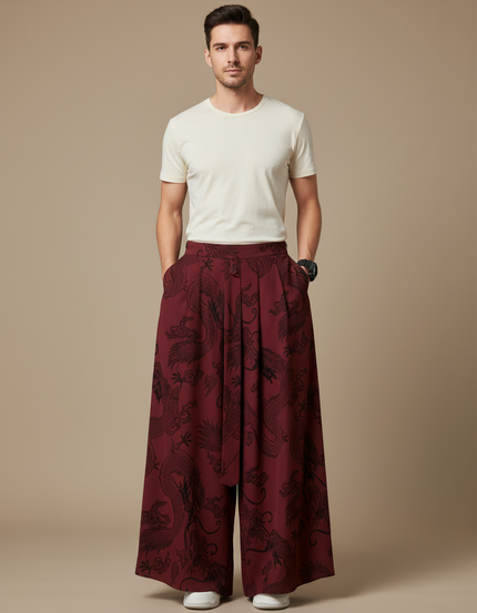 Pantalon Chinois Bordeaux Ample Dragon Jacquard Homme - Viscose