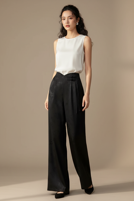 Pantalon Chinois Noir Jacquard Ample Élégant Femme - Satin
