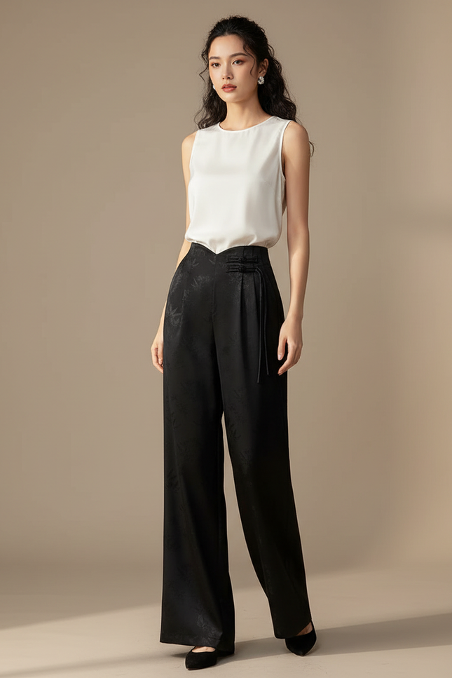 Pantalon Chinois Noir Jacquard Ample Élégant Femme - Satin