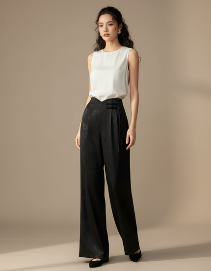Pantalon Chinois Noir Jacquard Ample Élégant Femme - Satin