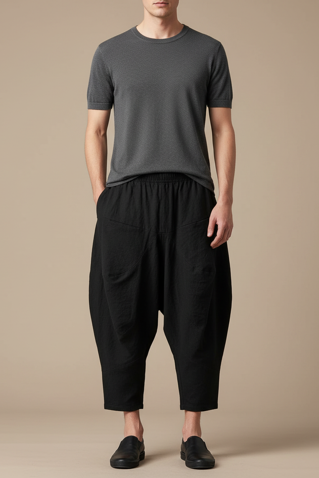 Pantalon Chinois Noir Ample Coton Harem Décontracté