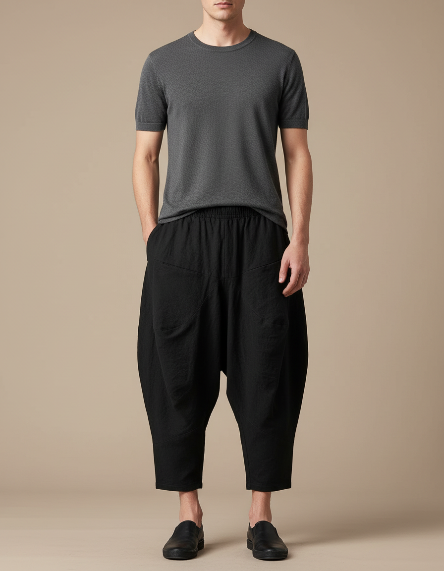 Pantalon Chinois Noir Ample Coton Harem Décontracté