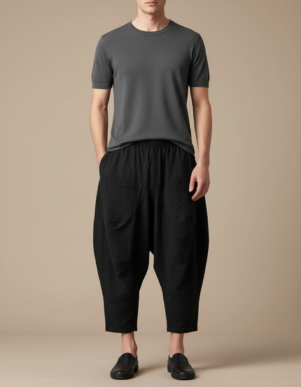 Pantalon Chinois Noir Ample Coton Harem Décontracté