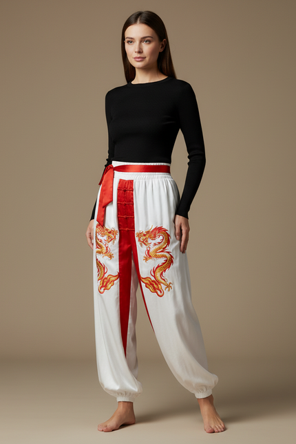 Pantalon Chinois Blanc Ample Dragon Brodé Satiné
