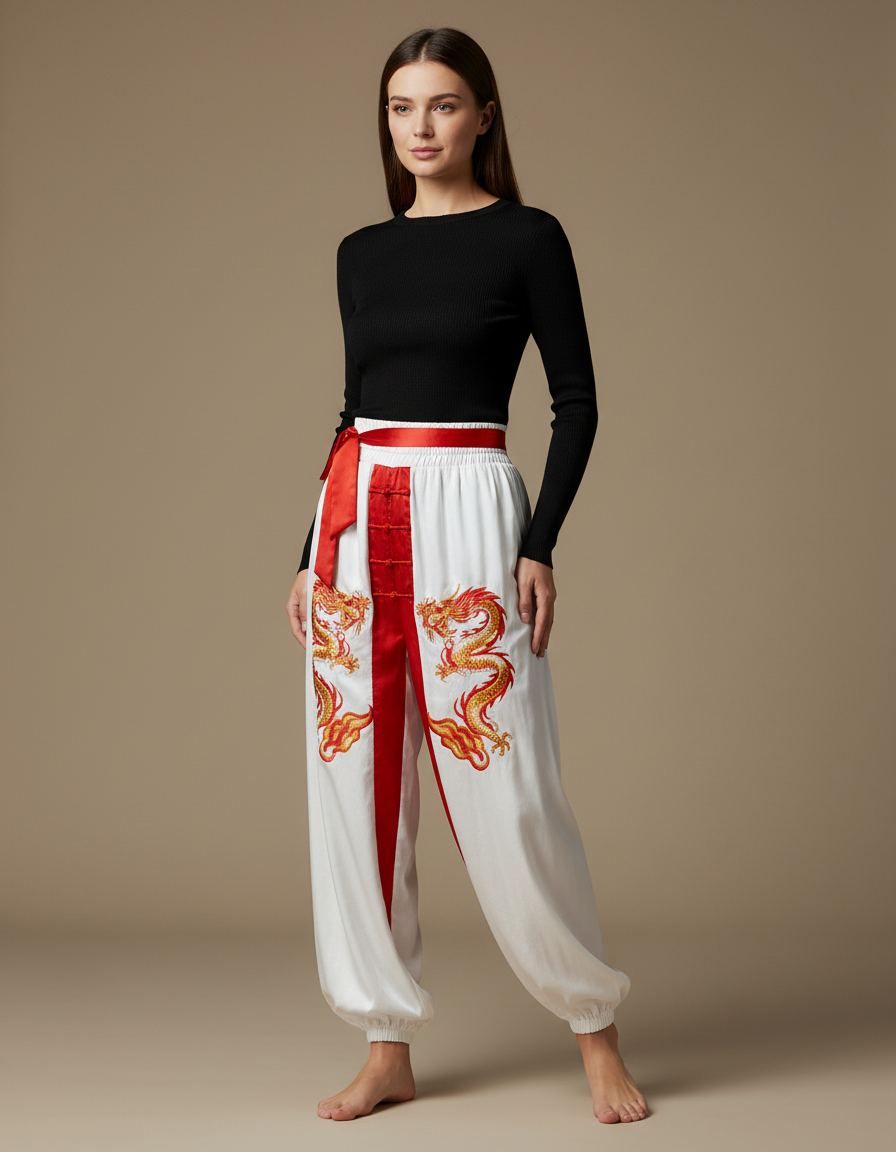 Pantalon Chinois Blanc Ample Dragon Brodé Satiné
