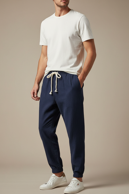 Pantalon Chinois Marine Lin Ample Cordon Décontracté