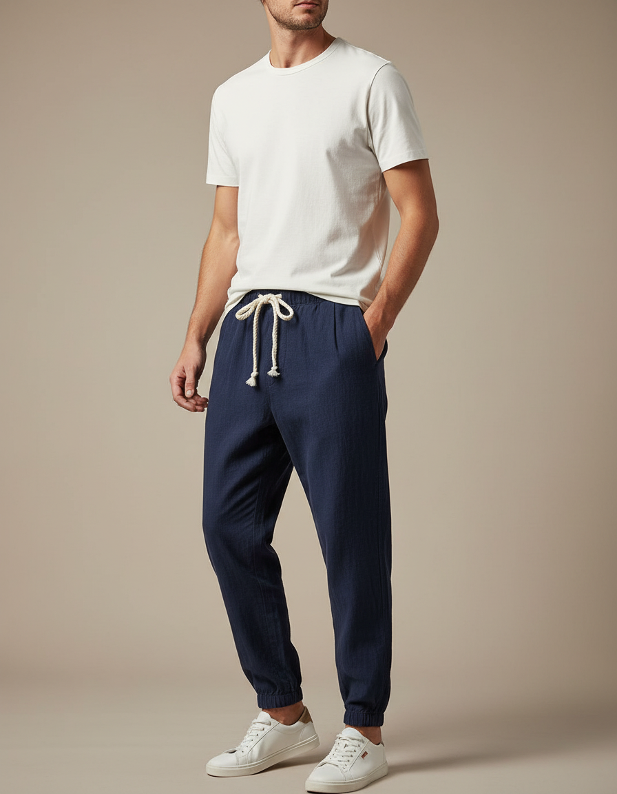 Pantalon Chinois Marine Lin Ample Cordon Décontracté