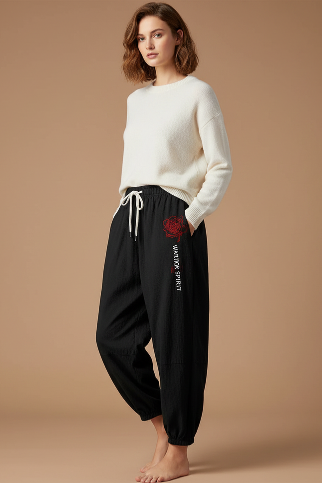 Pantalon Chinois Noir Ample Coton Rose Brodé