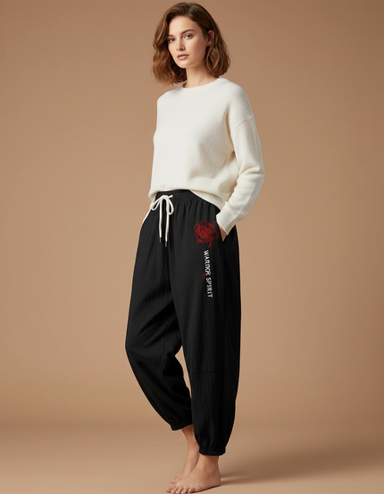 Pantalon Chinois Noir Ample Coton Rose Brodé