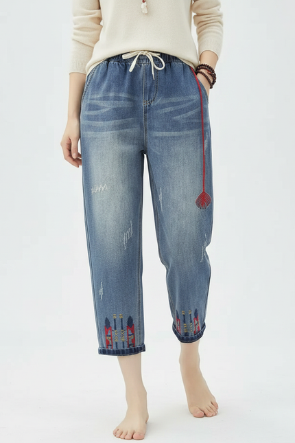 Pantalon Chinois Denim Brodé Floral Déchiré Ample Femme - Bleu Jean