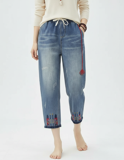 Pantalon Chinois Denim Brodé Floral Déchiré Ample Femme - Bleu Jean
