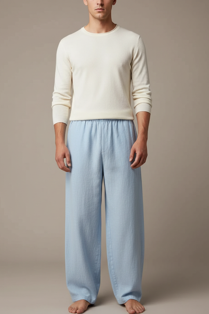 Pantalon Chinois Lin Bleu Ample Décontracté Homme