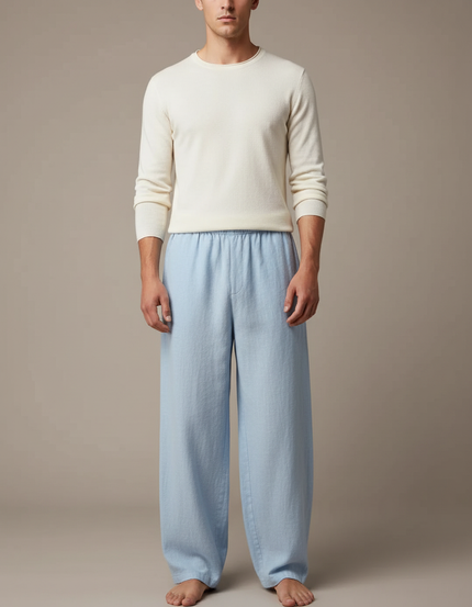 Pantalon Chinois Lin Bleu Ample Décontracté Homme