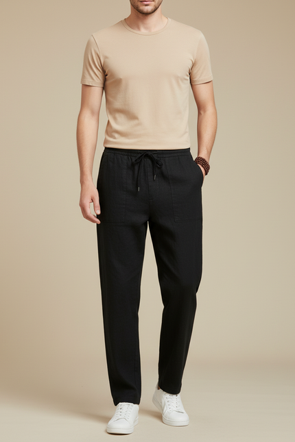 Pantalon Chinois Noir Coton Lin Ample Décontracté