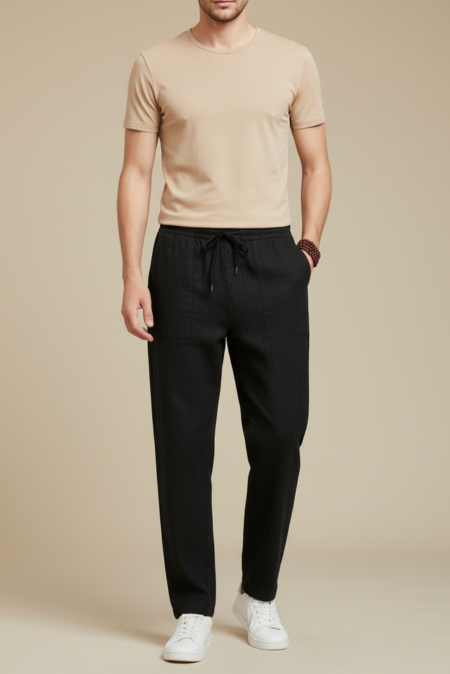 Pantalon Chinois Noir Coton Lin Ample Décontracté