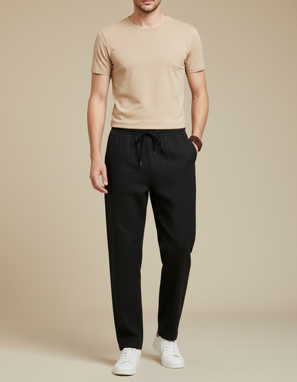 Pantalon Chinois Noir Coton Lin Ample Décontracté