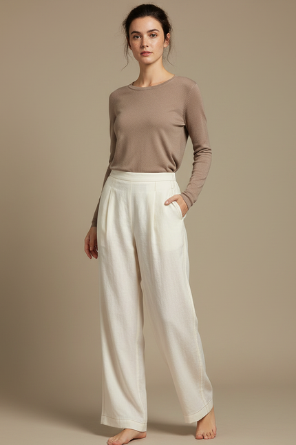 Pantalon Chinois Crème Lin Ample Plissé Décontracté - Beige