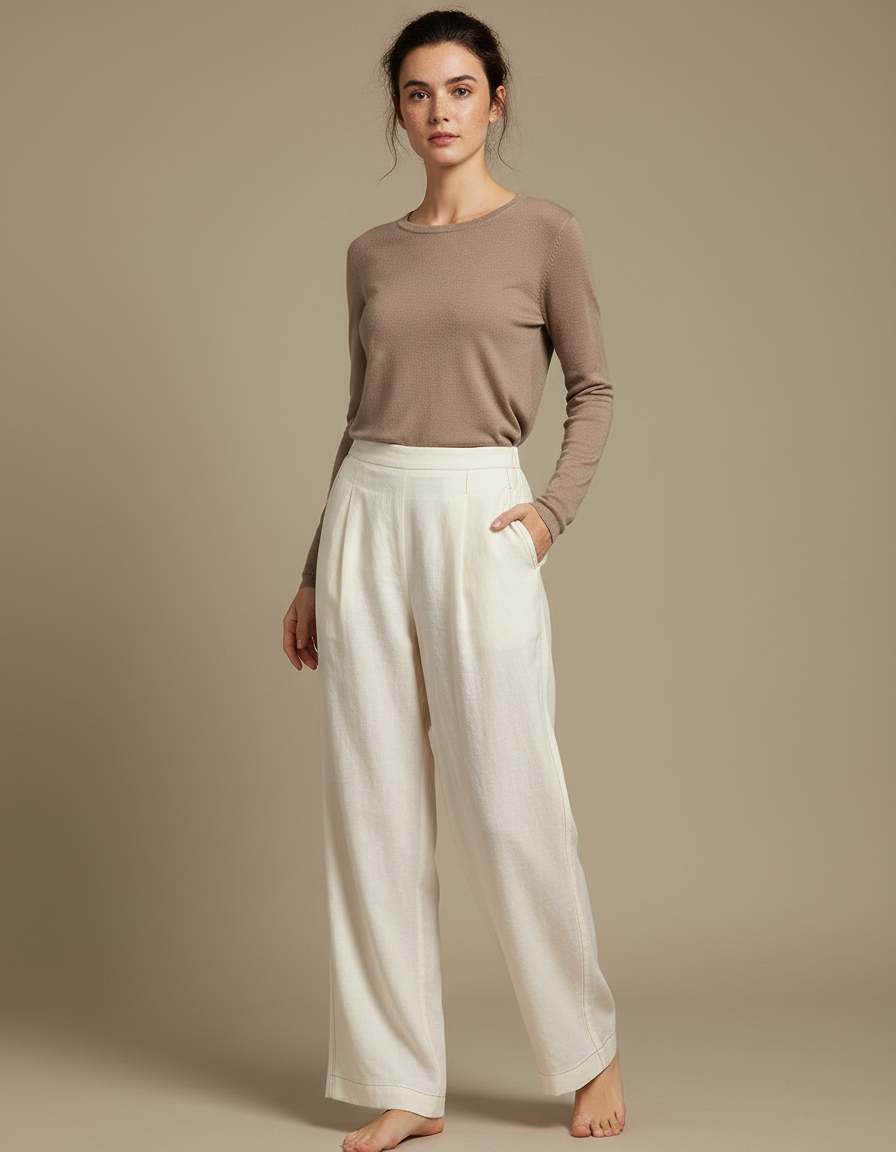 Pantalon Chinois Crème Lin Ample Plissé Décontracté - Beige