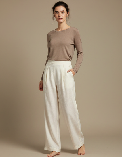 Pantalon Chinois Crème Lin Ample Plissé Décontracté - Beige