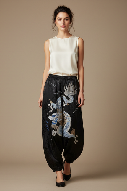 Pantalon Chinois Noir Brodé Dragon Ample Satin Femme