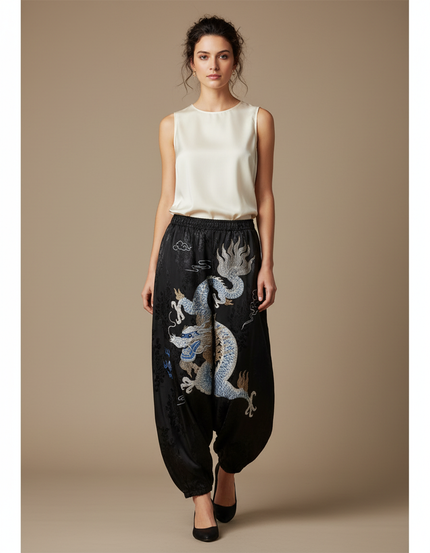 Pantalon Chinois Noir Brodé Dragon Ample Satin Femme