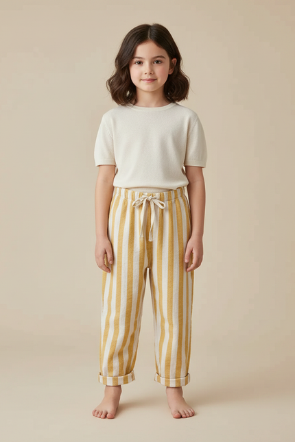 Pantalon Chinois Rayé Jaune Écru Coton Ample Enfant - Multicolore