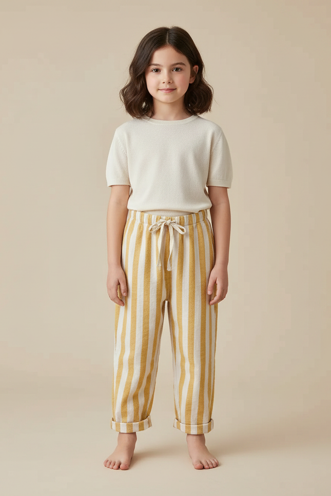 Pantalon Chinois Rayé Jaune Écru Coton Ample Enfant - Multicolore